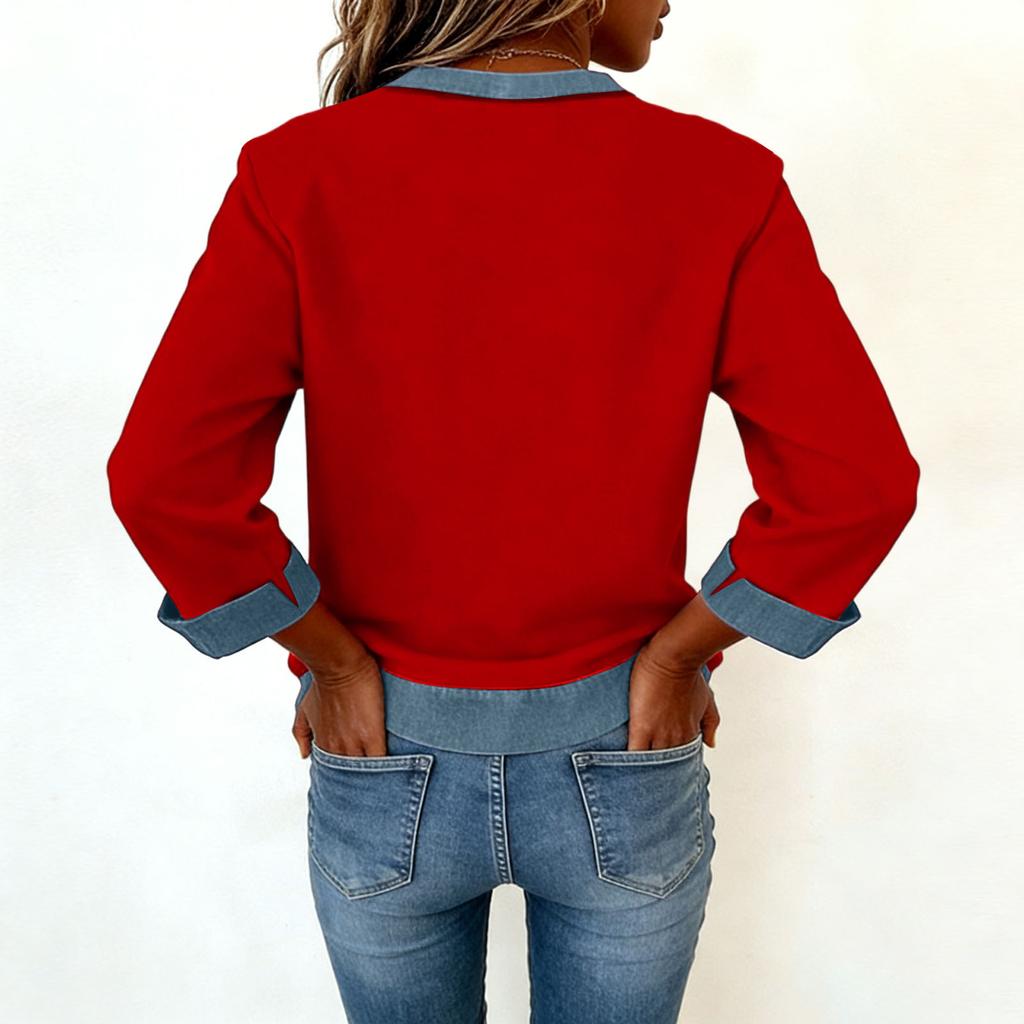 Women Denim Collar Patchwork Stitching Sweatshirt Casual  Pullover Long Sleeve Shirts