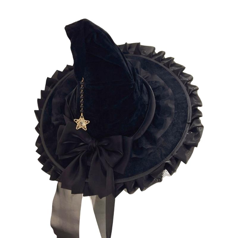 Halloween Wizard Hat Large Black Witches Witch Hat Bowknot Witch Caps Fashion Pointed Hat Halloween Cosplay Costumes