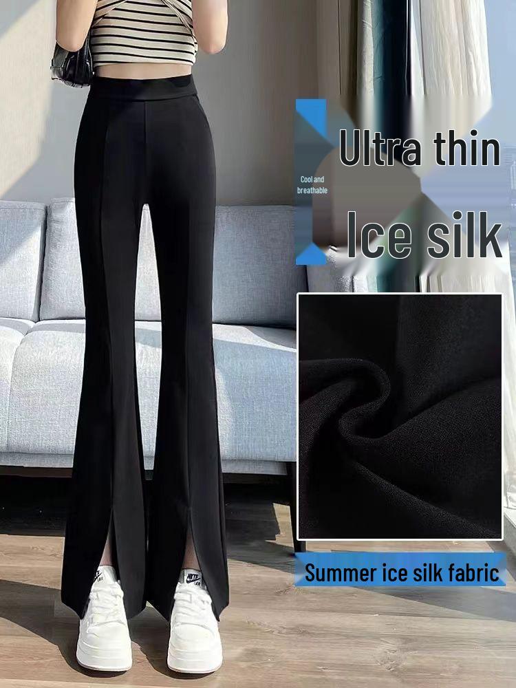Women's High Waist Flared Black Pants - Slimming, Elastic, Split Hem, Casual - Small Size for Petite Figures, Summer Wear