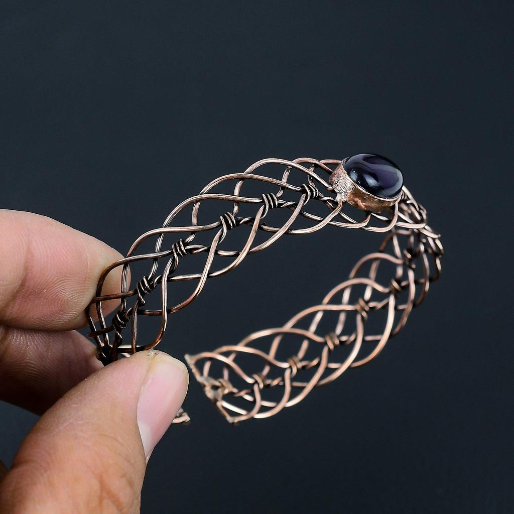 Ametist Ädelsten Handgjord Ren Koppartråd Wrap Smycken Justerbar Manschett För Bröllopspresent