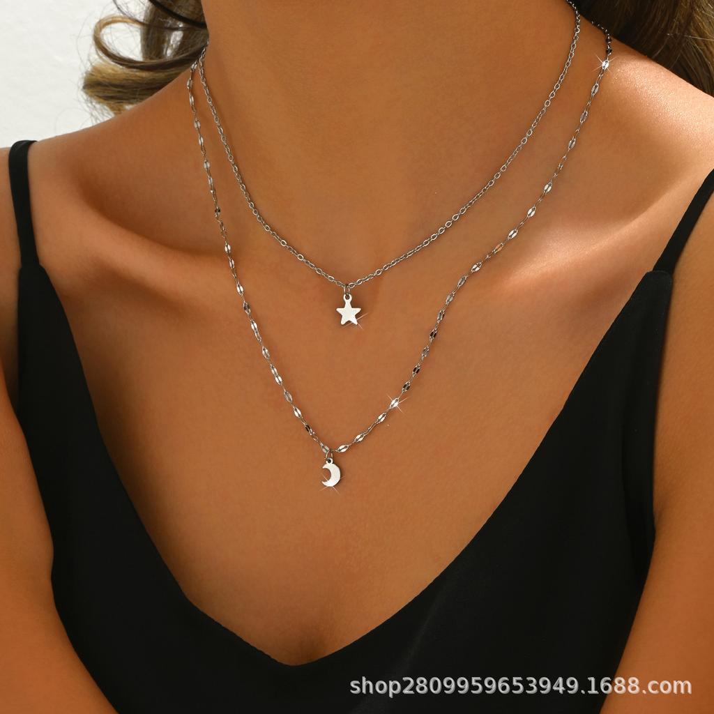 Ins Wind Star Moon Double Layer Titanium Steel Necklace Niche Women Fashion Personality Layered Collarbone Chain