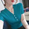 Ice Silk V-Neck Short Sleeve T-Shirt Simple Versatile Slim Fit Thin Button Splicing Knit Sweater Top Thin Section