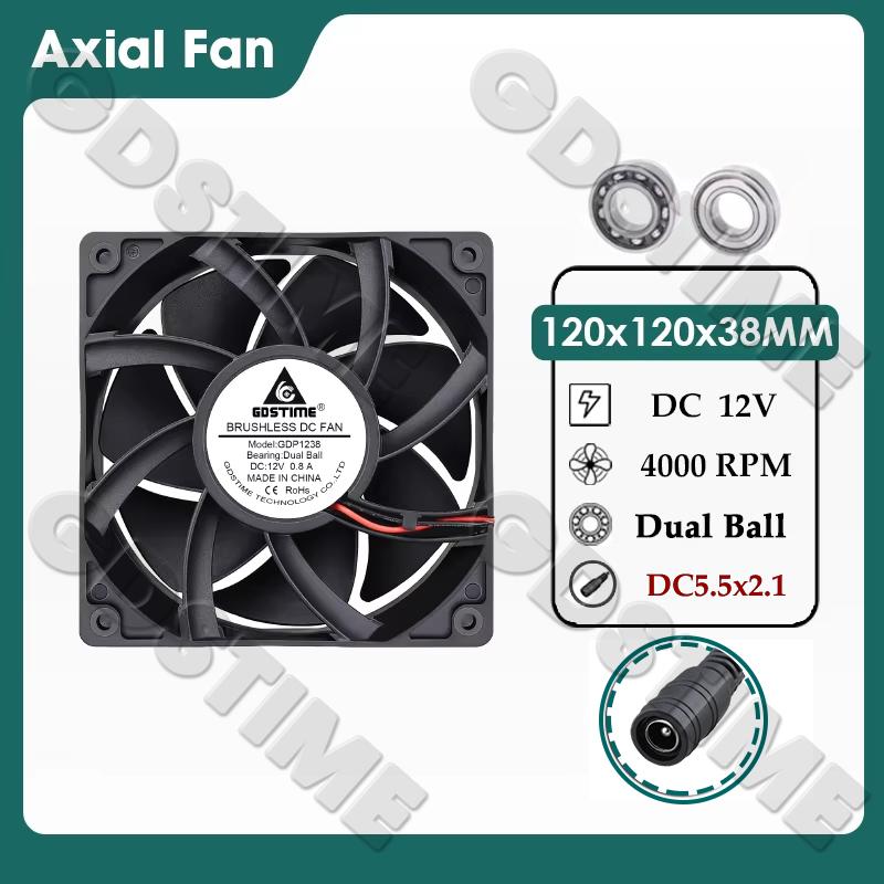 Gdstime DC 12V 24V 48V 12cm 120mm Dual Ball Cooler 12038 120x38mm Brushless Booster Fan for Btc Machine Chassis Cabinet Cooling
