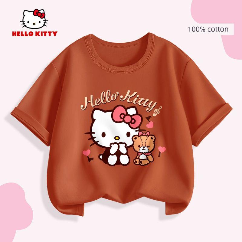 Hello Kitty Girls' White T-Shirt Children's Short-Sleeved Summer Wear Pure Cotton Simple Solid Color Top Breathable and Sweat-Absorbent Trendy