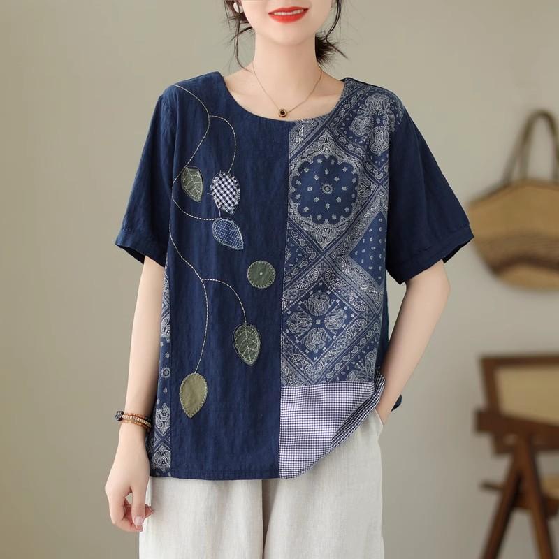 DIMANAF 2024 Verão Plus Size Mulheres Camisetas Estampa Floral Elegante Manga Patchwork Tops Tees Solto Casual Camisa de Linho 91688