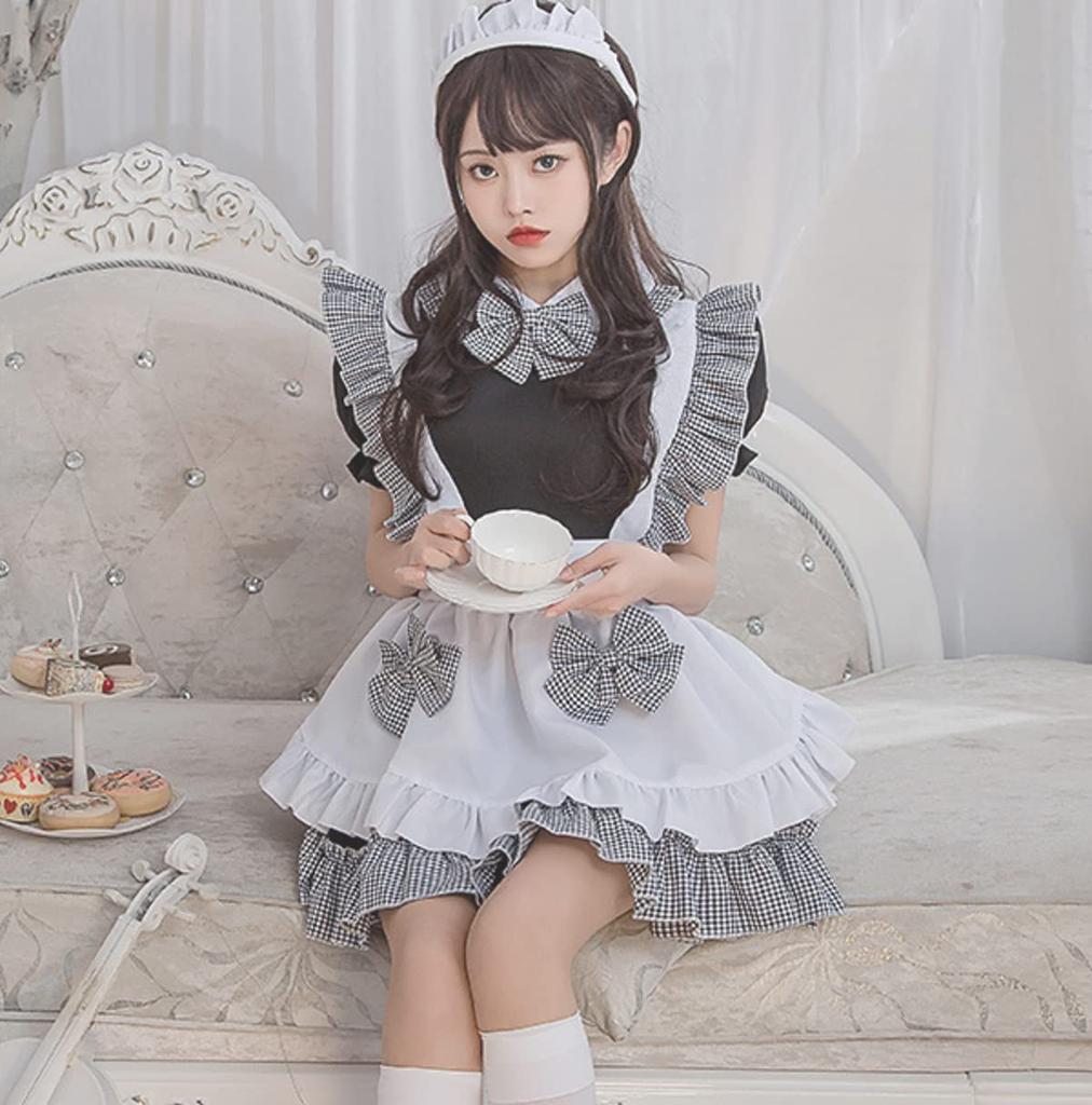 Damen Faul Lolita Dienstmädchen Cosplay Kurzes Kleid über dem Karomuster, Ärmel, Schürze, Knie, Mini, Grau, (Klein)