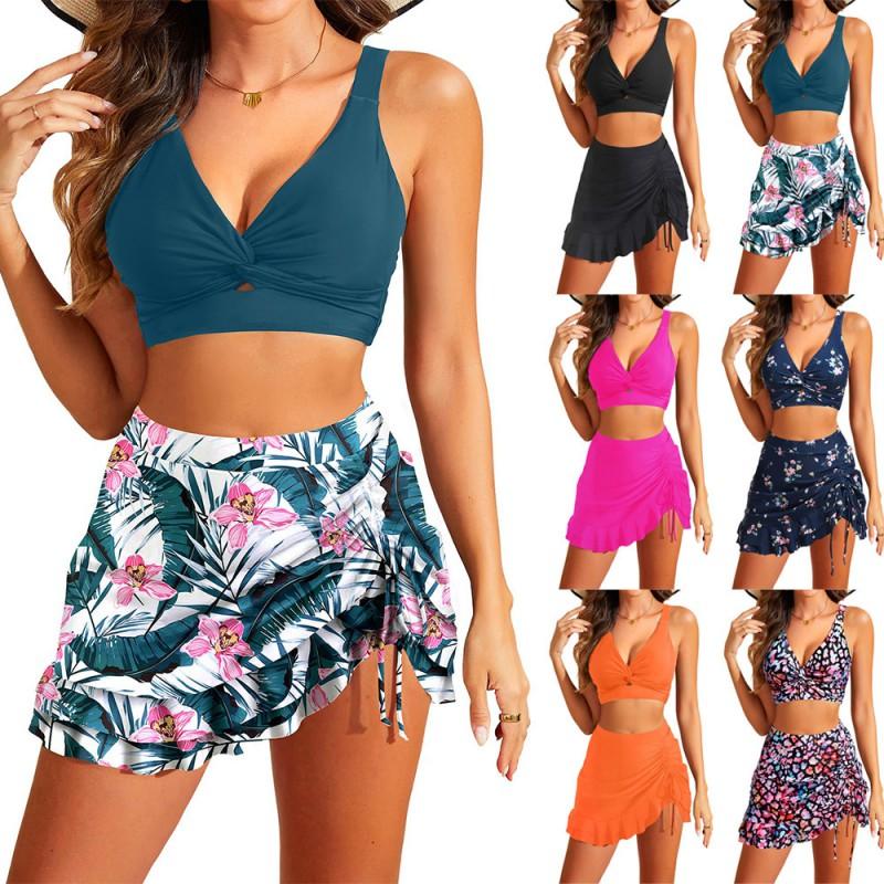 Womens Adjustable Tie-Front Bikini Set With Ruffled Skirt Bottom High Elasticity Swimwear Pool Beach Vacation