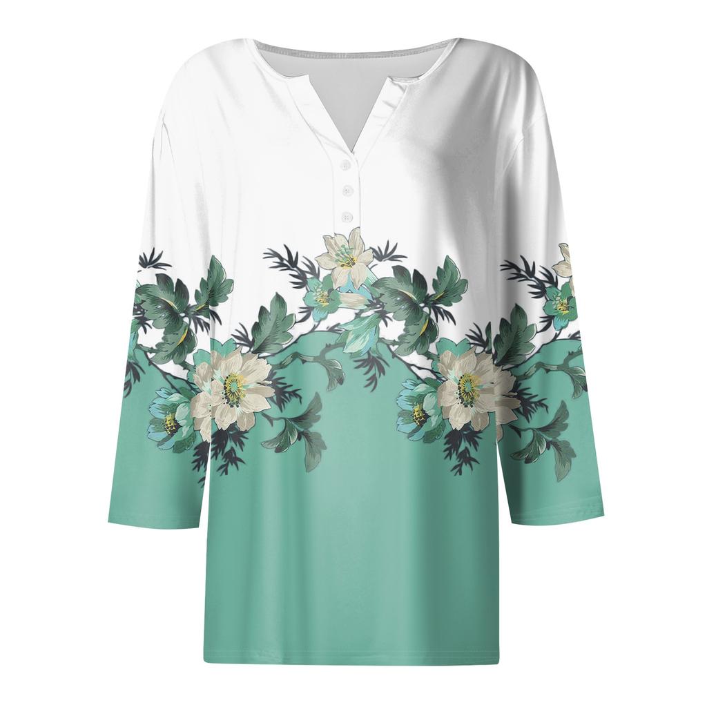 Women's Floral Print V,Neck Casual Three,Quarter Sleeve Button,Detail Top