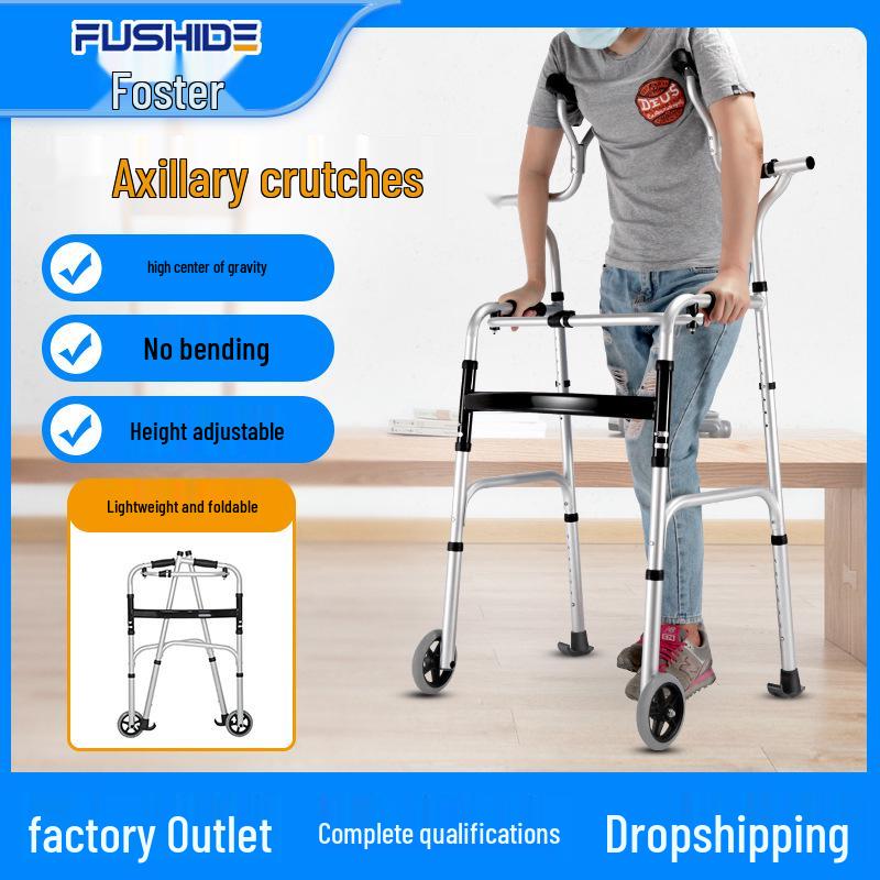Aluminum Alloy Folding Walker with Wheels, Underarm Crutches, and Seat Cushion for Elderly Rehabilitation.
