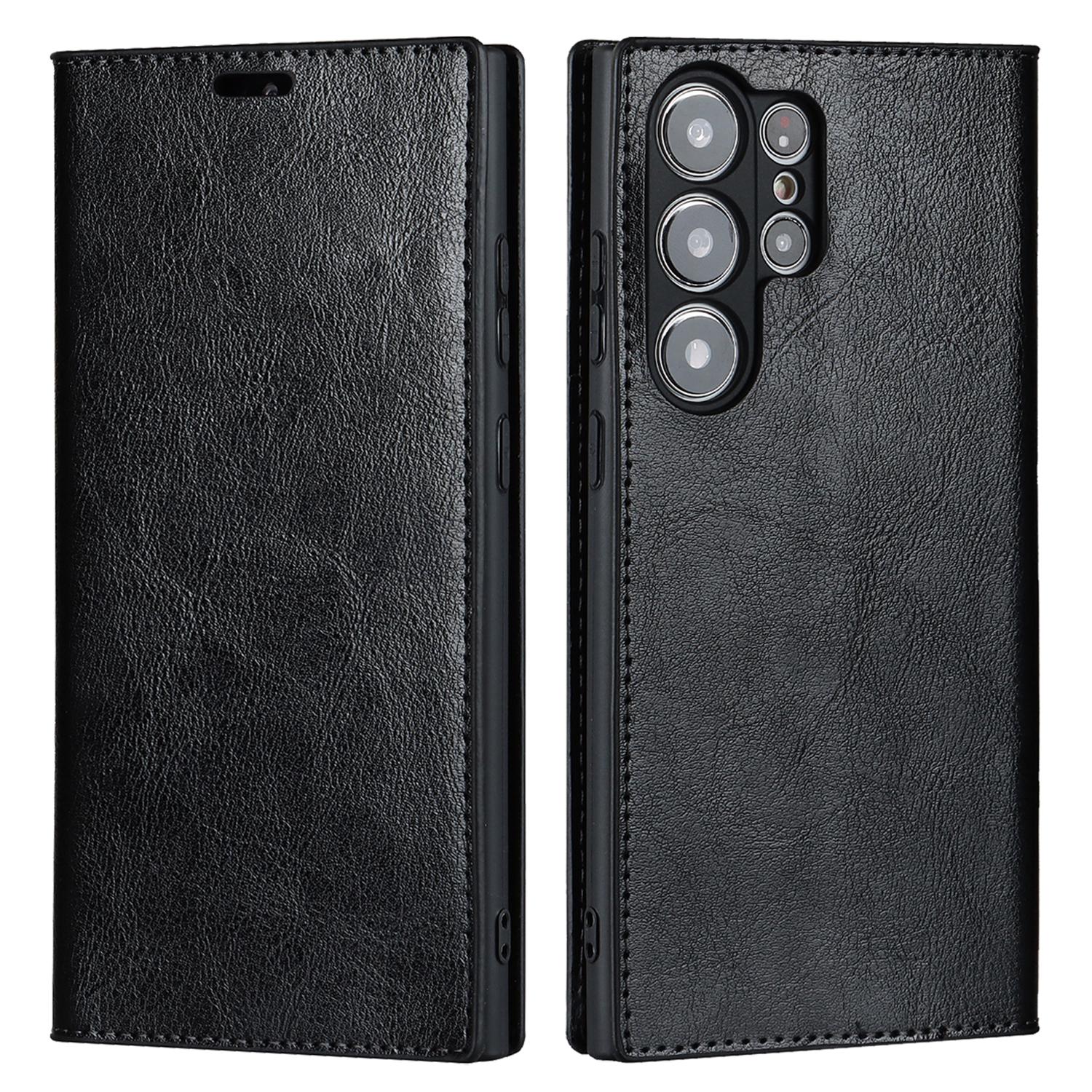 

For Samsung Galaxy S23 Ultra Case Crazy Horse Texture Split Leather Wallet Cover Black