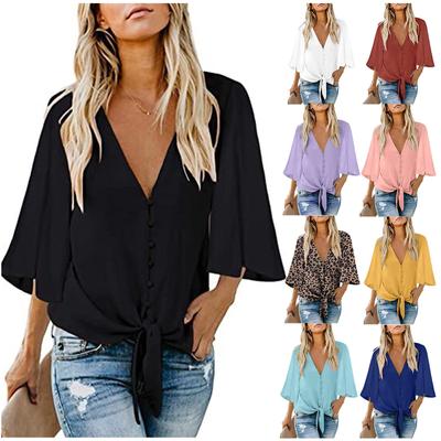 Womens Summer Blouses Tops 3/4 Bell Sleeve Tops Solid Color Button Down Shirt