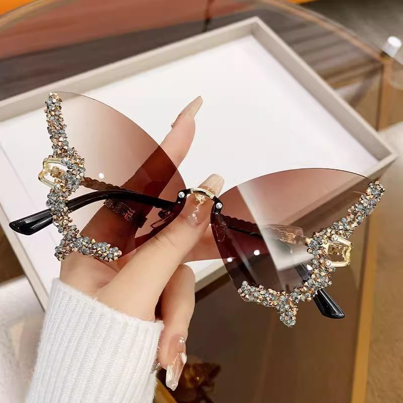 Large Frame Diamond-Encrusted Butterfly Sunglasses Photo Performance Props Glasses Women'S Sunglasses Uv Protection