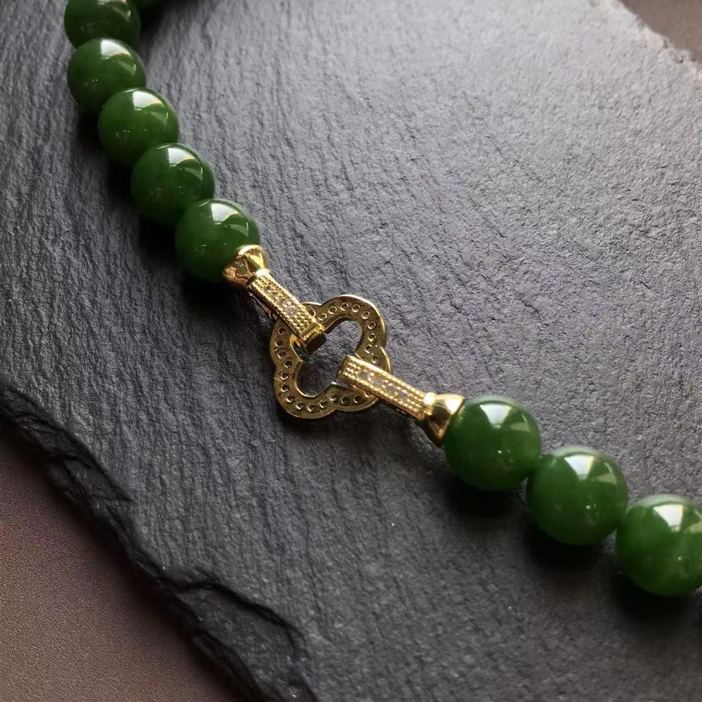 Eleventh National Day Mid-Autumn Hetian Jade Necklace - Spinach Green, 10mm beads, Mother Chain - Warm, Classical Collection
