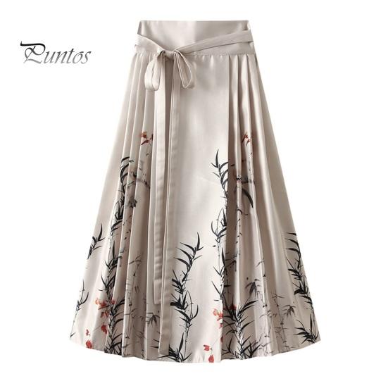 Dámská maxi sukně v čínském stylu Vintage sukně s vysokým pasem Elegantní květinový potisk ptáků Hanfu sukně skládaná šněrovací sukně s koňským obličejem