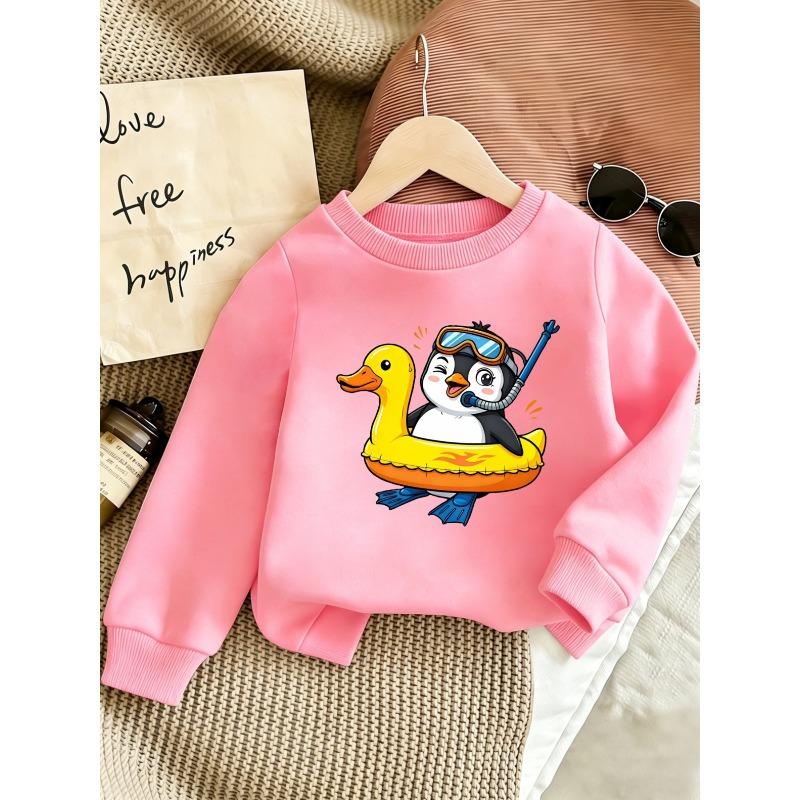 European sizes Cute Cartoon Penguin and Duck Print Kids' Spring Lightweight Round Neck Sweatshirt, Comfortable Outdoor Wear Design for 0-3 Years Old