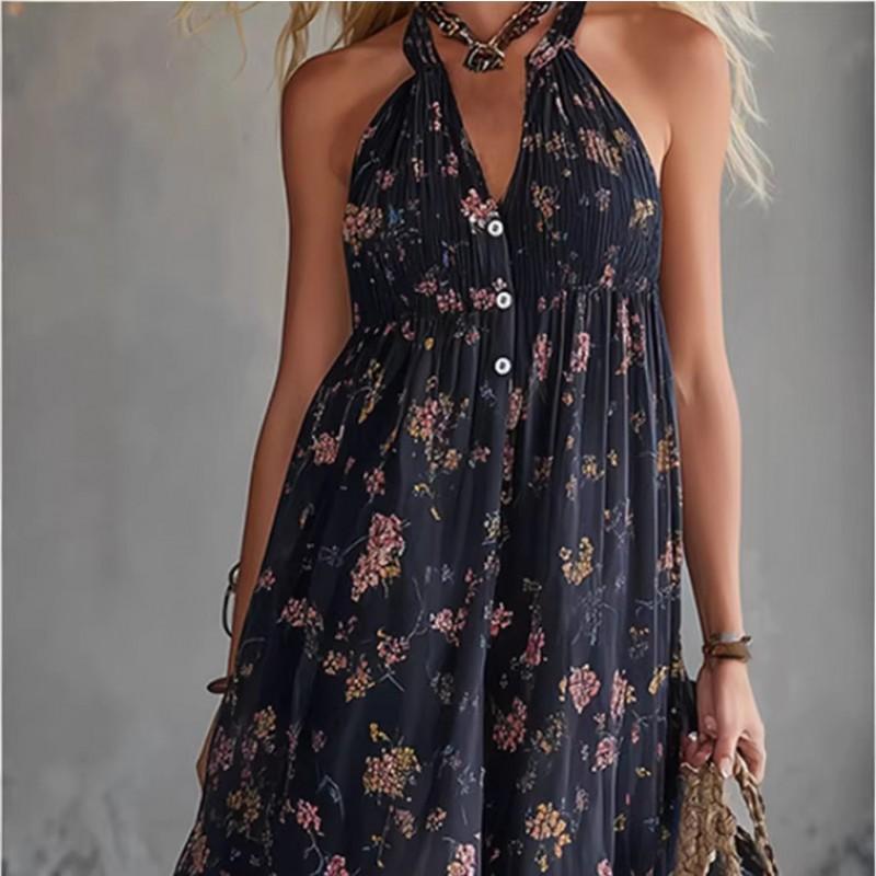 V-Neck Sleeveless Maxi Dress Black Floral Print Chiffon High Waist Elegant Commuter Style