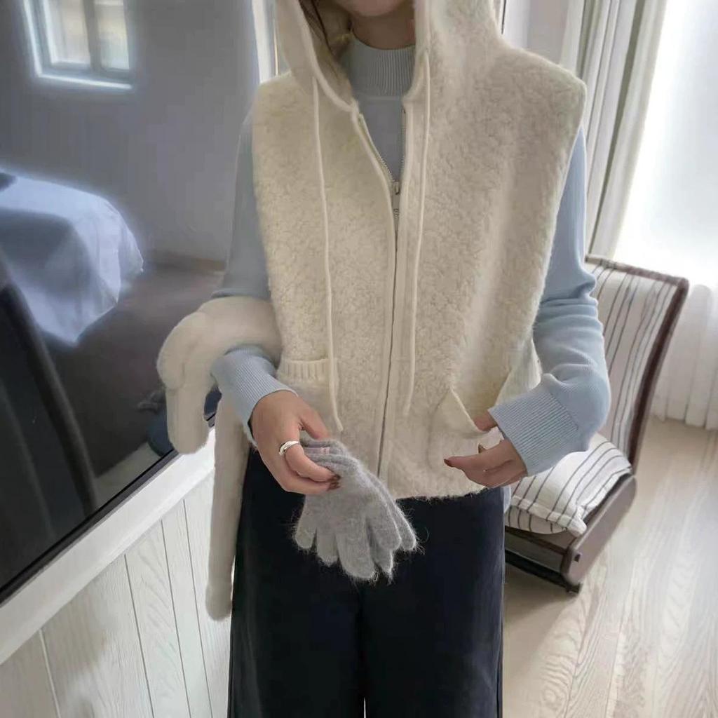 Korean Casual Lambswool Hooded Cardigan Vest for Women - 2025 Autumn/Winter Collection