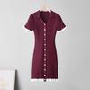V-neck Slim Slim Slim Single-breasted Splicing Short-sleeved Knitted Hip-wrapped Dress Commuter Summer Dress