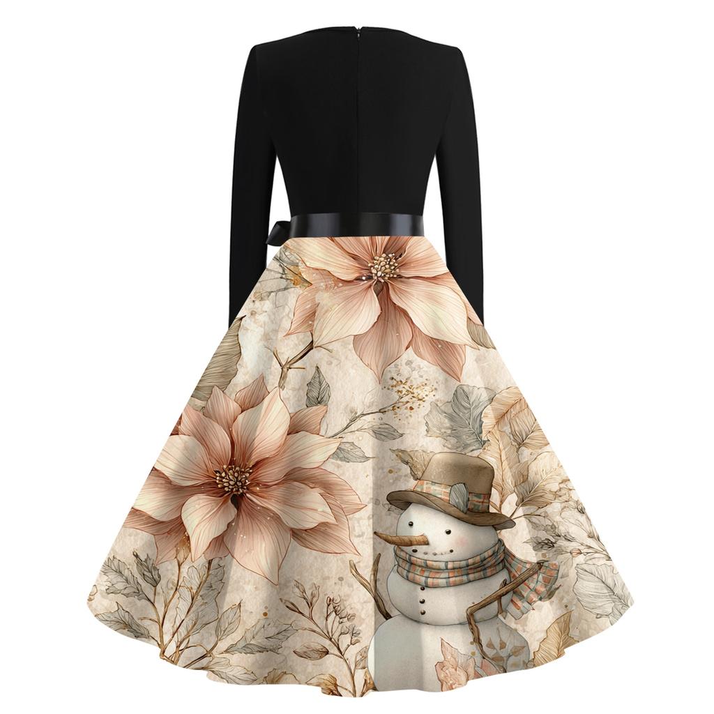 Women's Casual Fashion V-neck Long Sleeved Retro Christmas Print Retro Dress