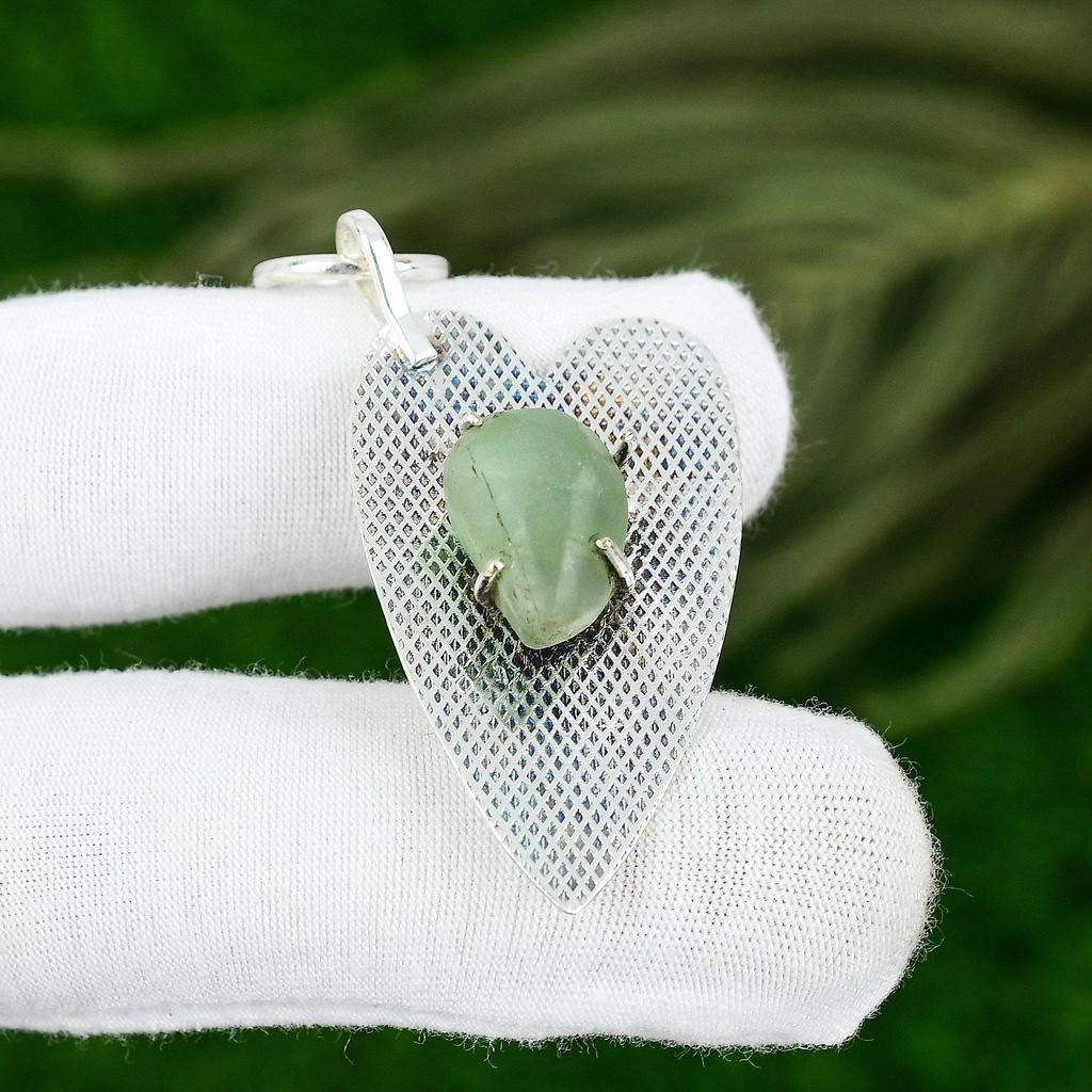 Sterling Silver Prehnite Rough Stone Handcrafted Bezel Engagement Sister Pendant