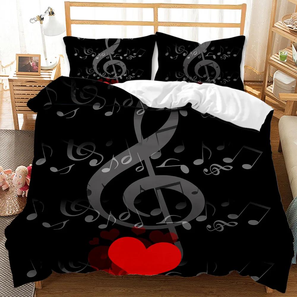 Hudební potah na přikrývku Hudba s nástrojem G-Clef Black, dvojitá sada povlečení Monochromatický kreativní rytmický zdobený polyesterový potah