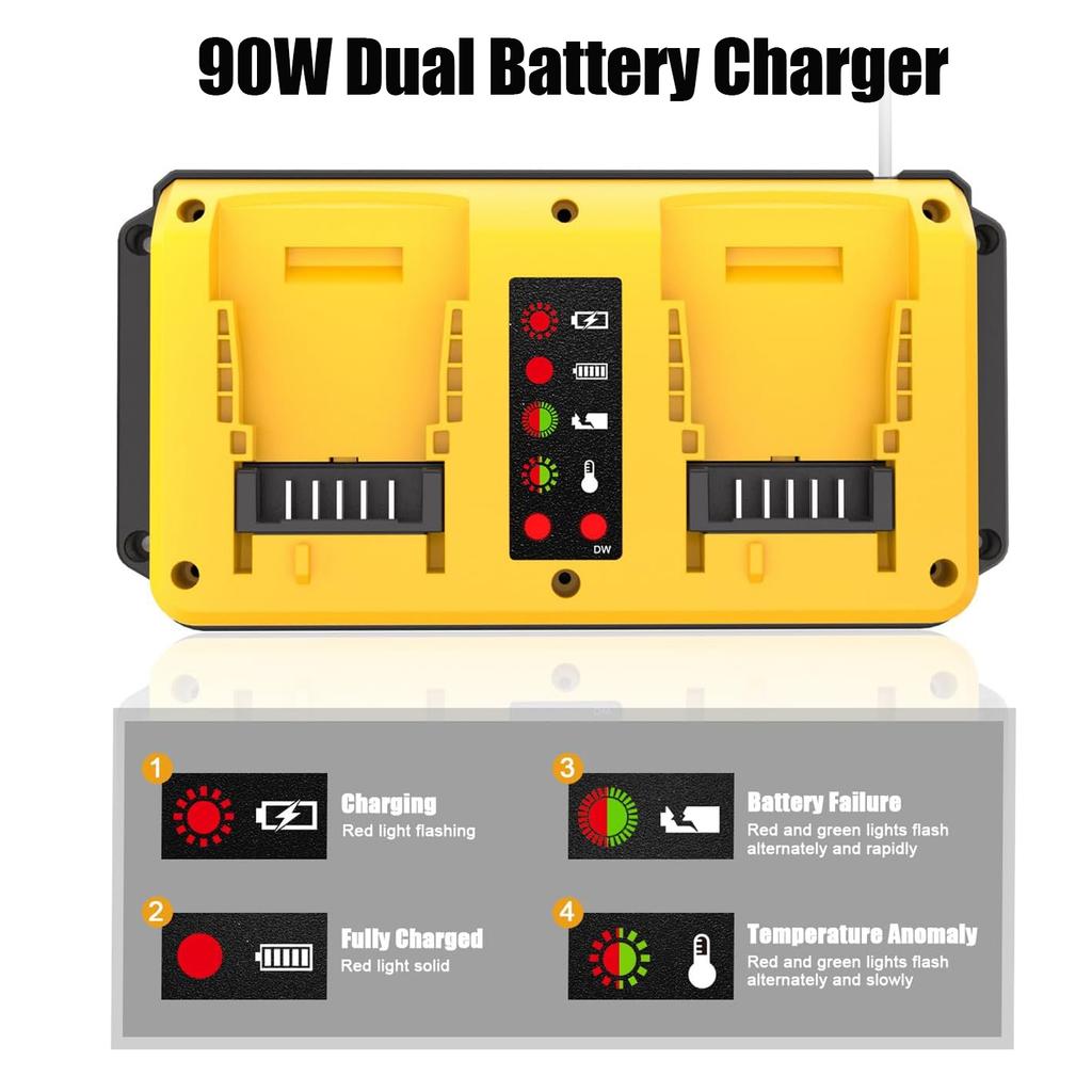 90W Fast Dual Battery Charger Replacement for 18V 20V Lithium Battery Rechargeable DCB207 DCB206 DCB204 DCB203-No Battery