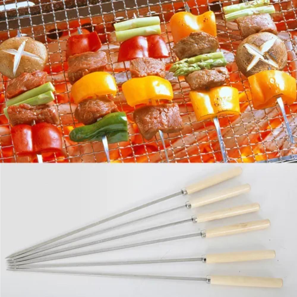10pcs/set Anti-scald Flat Barbecue Skewers Wooden Handle Flat Barbecue Needle  Kitchen Dining Bar