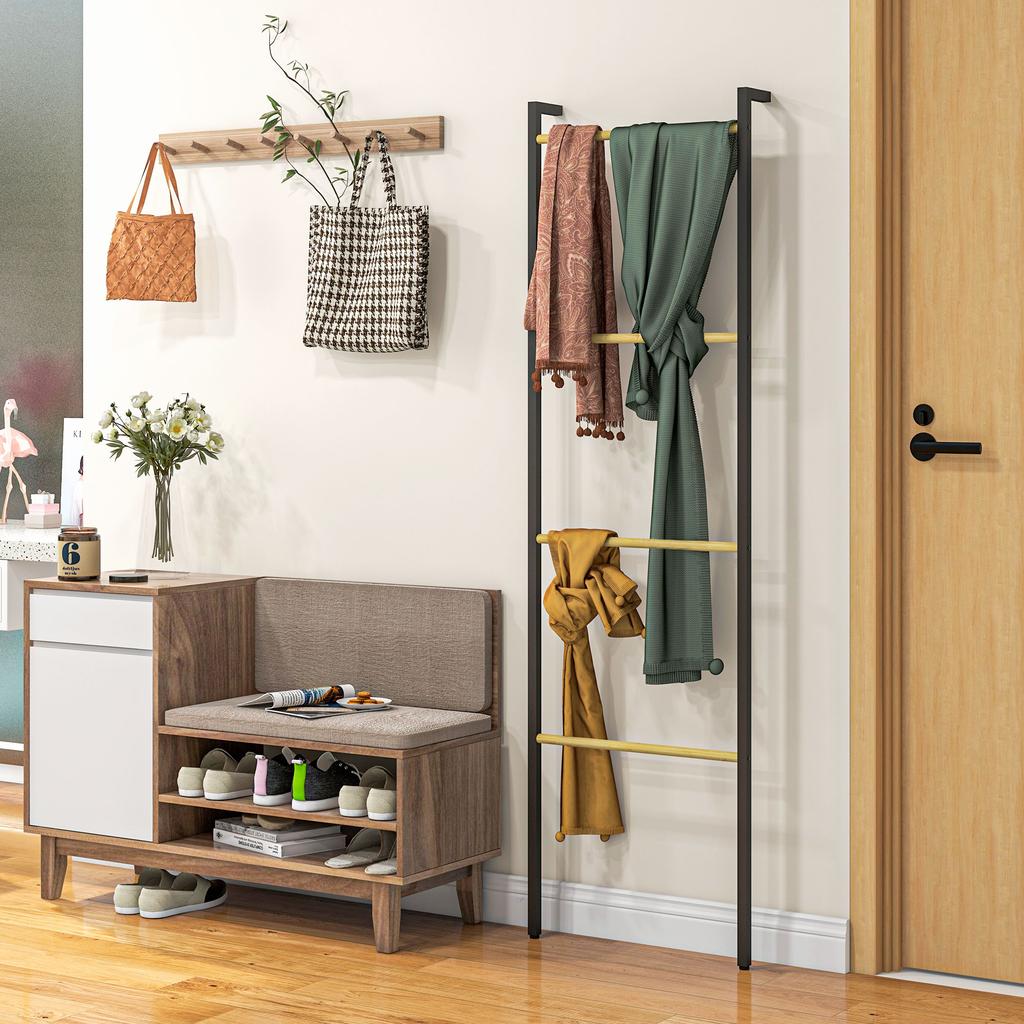 Towel Rail, Freestanding, 4 Bars, 49x5.5x167.5cm, Black/Natural Wood