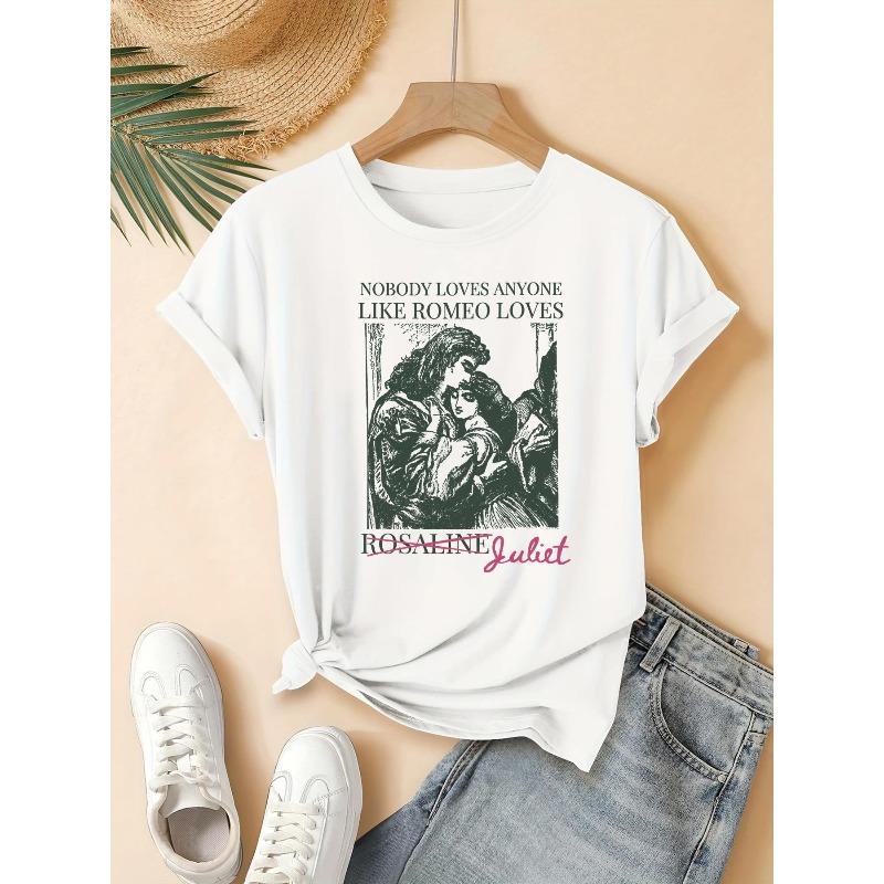 Европейские размеры 2026 Лето Новая Элегантная Модная Повседневная Футболка с Рисунком Ромео и Джульетты | Обычная Длина, Круглый Вырез, Стиль Рисунка S