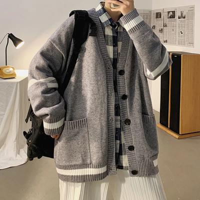 Autumn and Winter Cardigan Sweater Men Ins Hong Kong Wind Loose Lazy Wind V-neck Sweater Korean Version of The Trend Everything