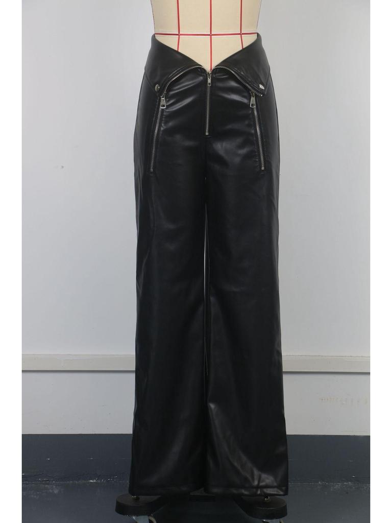Women's High Waist PU Leather Nightclub Pants with Metal Zipper - INS Style, Winter Straight Leg Design