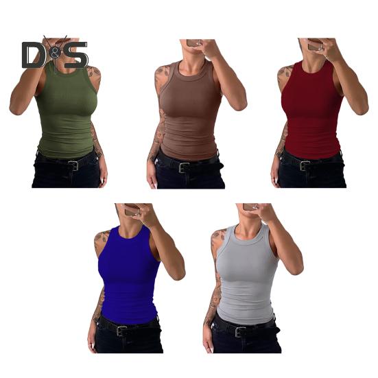 Women Vest Round Neck Sleeveless Elastic Slim Fit Tops Solid Color Sport Camisole Summer Gym Fitness Tops