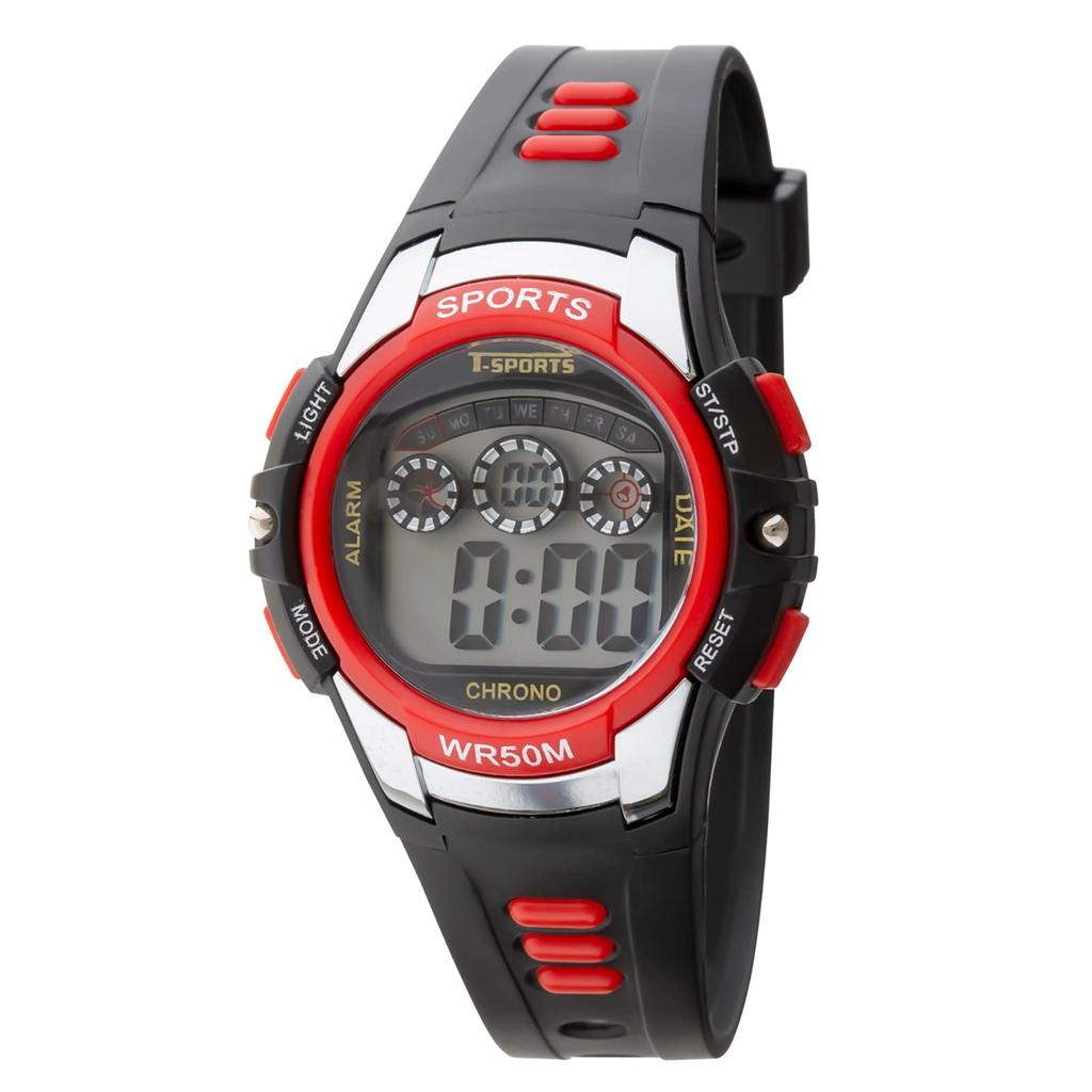 Klefer 191090 Men's Digital Watch, Waterproof, Red, with Stopwatch Function, Urethane Strap, Black