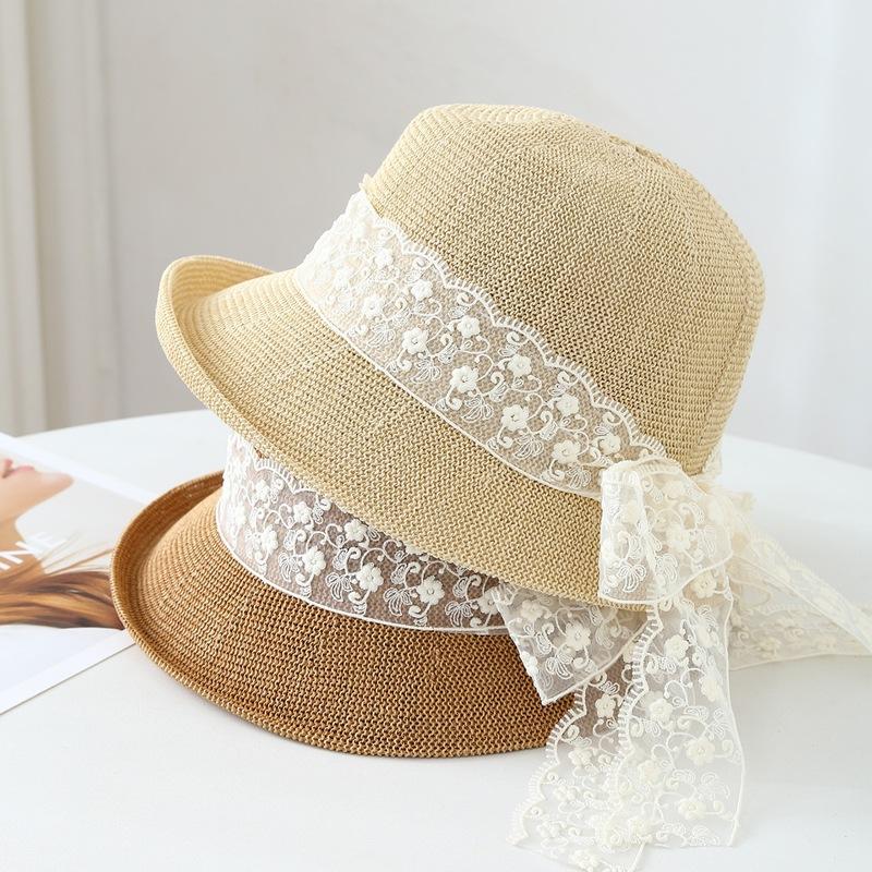 Lace Ribbon Straw Hat Women, Summer Beach Vacation Sunhat Travel New