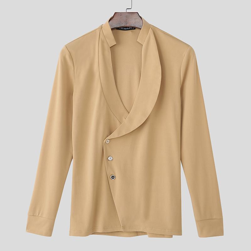 

INCERUN Men Deep Lapel Neck Long Sleeve Button Up Casual Shirts Tops 3XL хакі