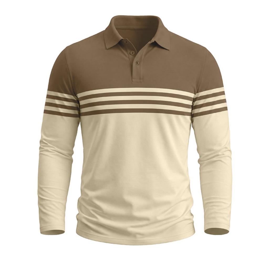 Men's Long Sleeve Striped Color Block T-Shirt with Collar for Casual Layering