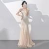 Champagne Fishtail Evening Dress   New Temperament Long Beautiful Host One-word Shoulder Fishtail Sequined Long Dress