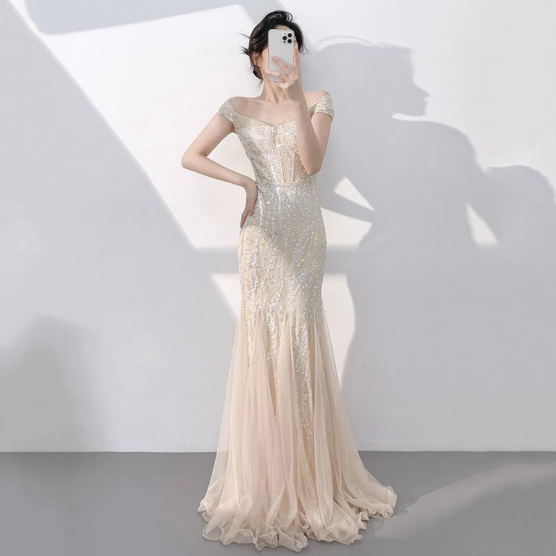 Champagne Fishtail Evening Dress New Temperament Long Beautiful Host One-word Shoulder Fishtail Sequined Long Dress