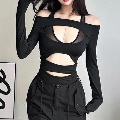 Bodysuit Rock Punk Hollow Out Sexy Gothic Bodycon Mesh Sheer Shirts Women Long Sleeve Patchwork