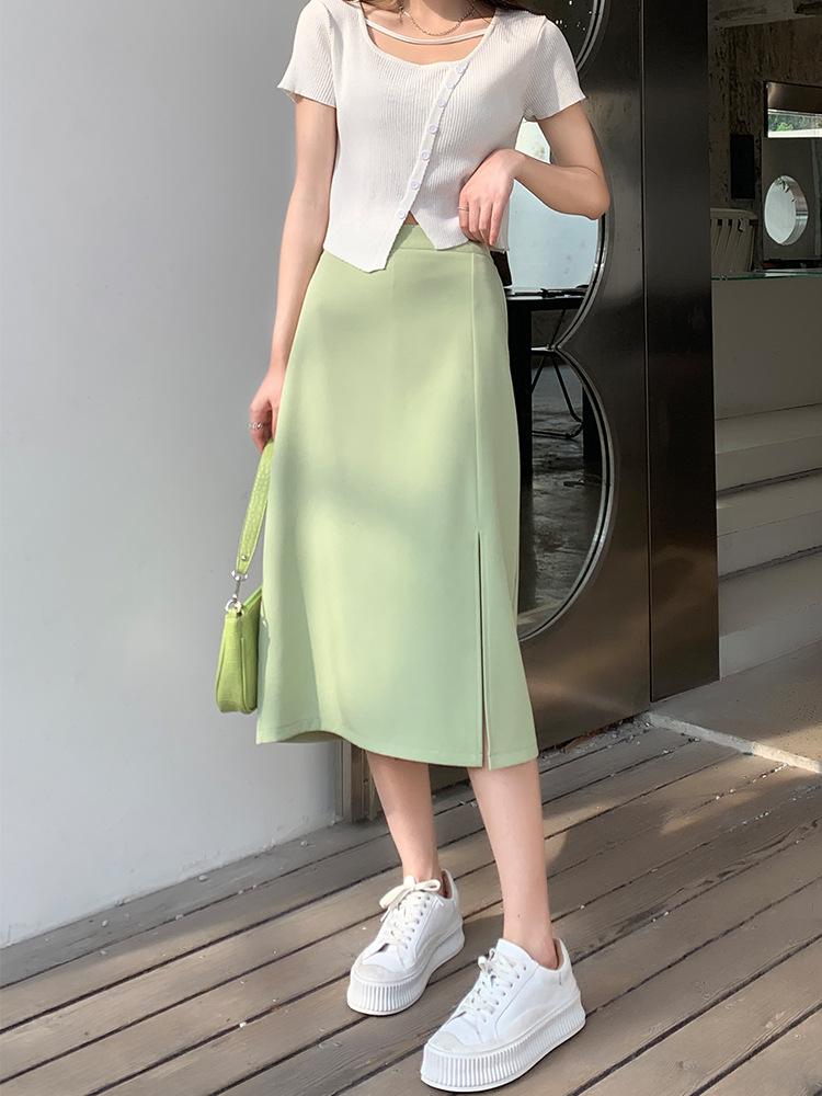 Women Side Slit Midi Skirt Summer High-waisted A Line Skirt Design Female Korean Style Casual Fashion