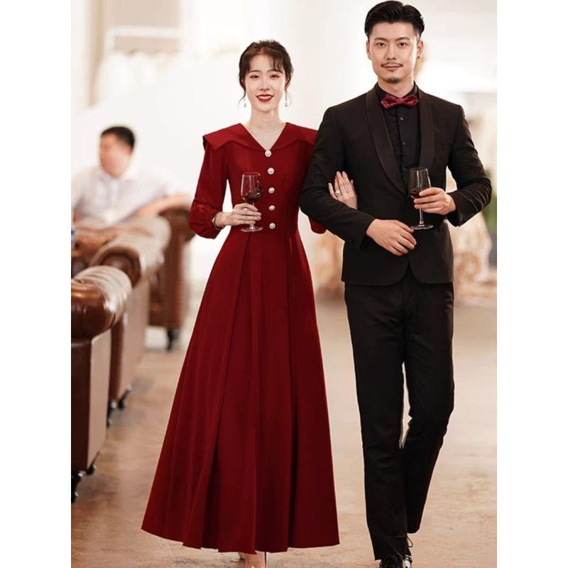 New Chinese-Style Festive Long Dress for Women, Autumn and Winter Plus-Size Elegant Red Dress for Engagement and Homecoming