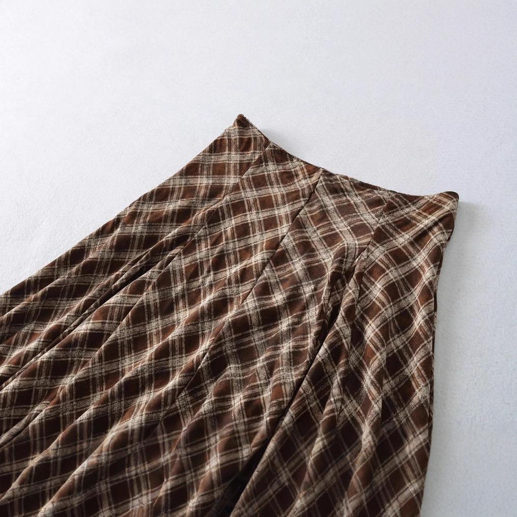 Women's High Waist Slimming A-line Brown Plaid Midi Skirt - 2025 Autumn/Winter Collection