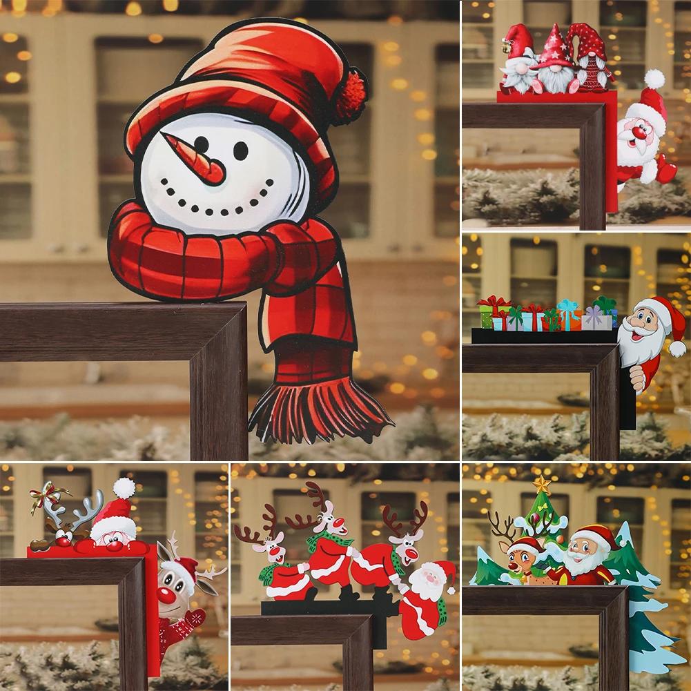 Wooden Christmas Corner Door Frame Decoration Cartoon Santa Claus Elk Xmas Penguin Pendant Merry Christma Decor For Door Frame