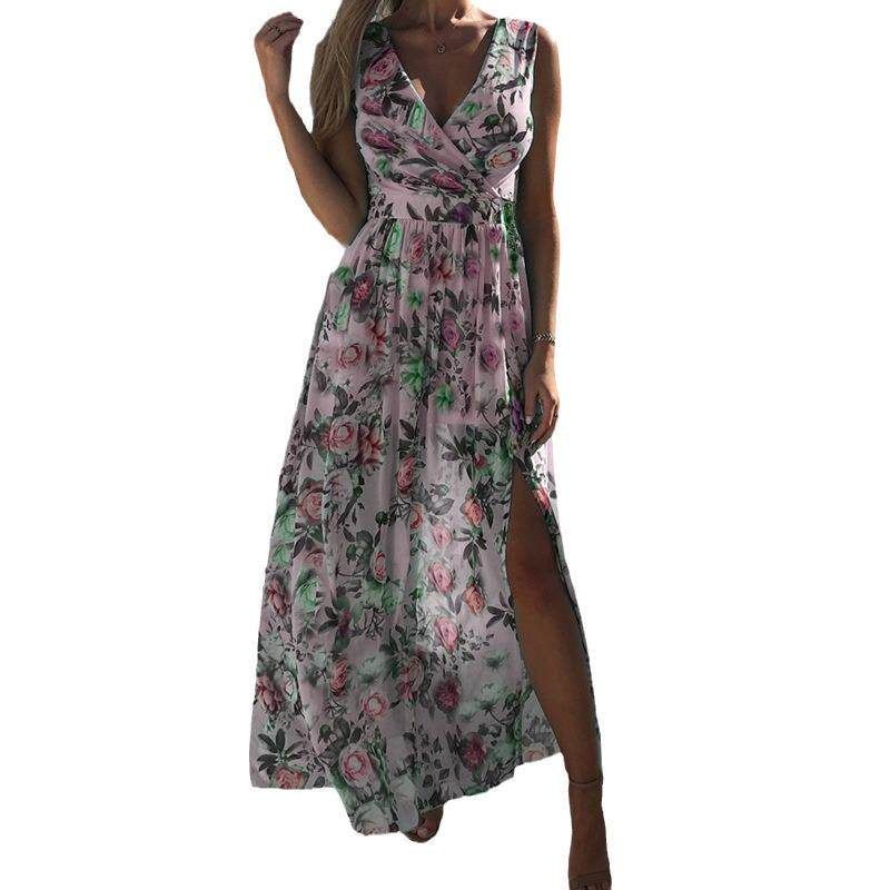 Amazon Foreign Trade European and American Women's Clothing 2024 Spring and Summer Fashion V-Neck Sleeveless Printed Dress with Tie and Slit