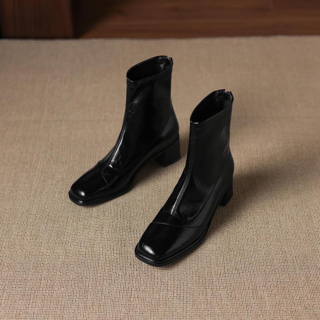 Krazing Pot Microfiber Square Toe Med Heels Elastic Boots Size 43 Slip On Women  Basic Design Ankle Boots