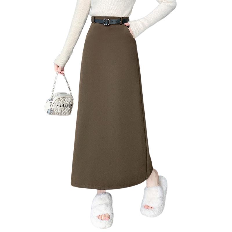 Röcke Damen Lässiger A-Linien-Rock mit hoher Taille, Herbst/Winter, mittellanger Rock mit Tasche, hoher Taille und Gürtel, Schlitzrock