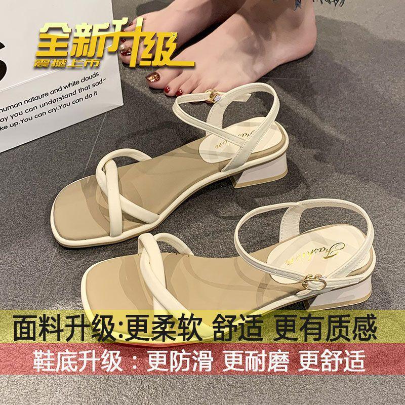 One word with sandals women 2025 summer new fashion versatile thick heel fairy style retro French niche high heels
