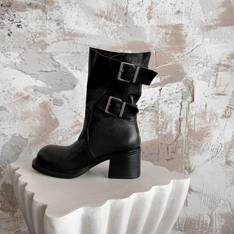 

Осень и зима кожа обхват бедра ботинки Мартина однотонные рукава европейские и американские на толстой подошве нескользящие коровья кожа новые средний каблук hig 40 чёрный