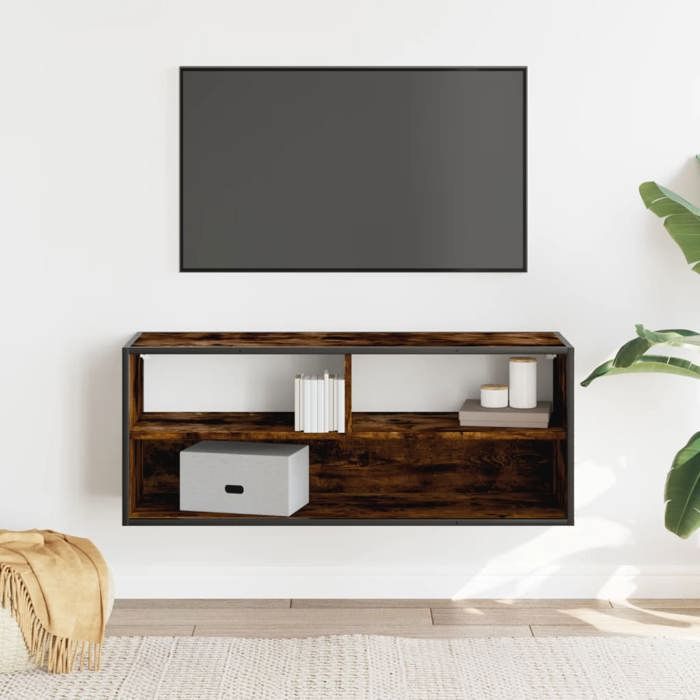 VidaXL Meuble TV chêne fumé 100x31x39,5 cm bois d'ingénierie et métal, support TV, armoire média, console TV, meuble HiFi, 848936