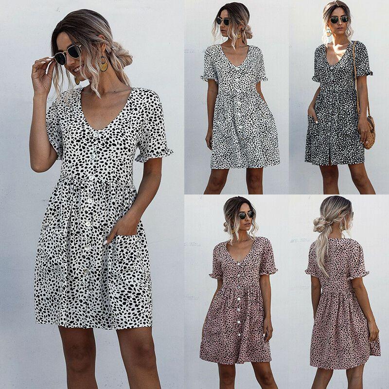 Stylish Women V-neck Holiday Mini Dress Featuring Elegant Polka Dot Design And Pockets